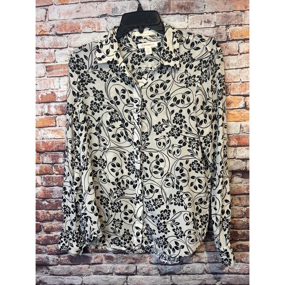 joe fresh silk top black white floral blouse long sleeve women's size small - Picture 1 of 6